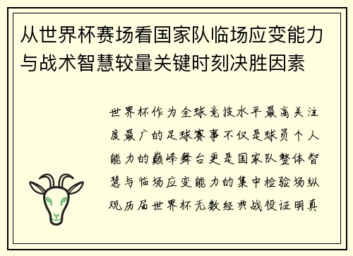 从世界杯赛场看国家队临场应变能力与战术智慧较量关键时刻决胜因素